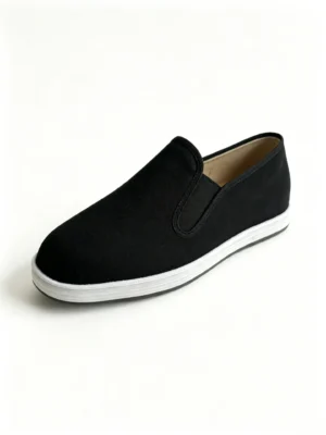 LUNO LN-M4006 men's handmade kung fu cloth shoe - side view showcasing a sleek black fabric upper with a slip-on design and elastic side panels for easy wear, paired with a clean white layered sole that highlights traditional craftsmanship; the minimalist silhouette emphasizes comfort, breathability, and everyday versatility.