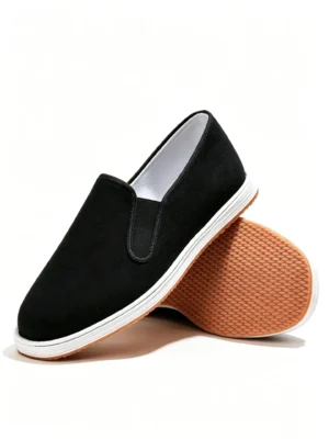 LUNO LN-M4008 men's casual single shoe - presented in a dynamic stacked composition showcasing both the sleek black fabric upper with clean slip-on design and the textured gum rubber outsole; the layered display highlights the shoe’s lightweight construction, breathable material, and durable tread pattern, ideal for everyday comfort and urban mobility.