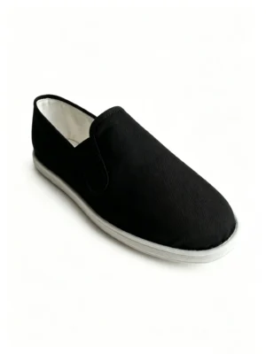 LUNO LN-M4013 men's cloth shoes side profile - featuring a sleek black canvas upper with clean stitching along the toe and collar, a smooth white rubber sole with subtle tread for grip, and a slip-on design that emphasizes comfort and ease of wear; the unlined interior suggests breathability, making it ideal for casual daily use in warm weather.