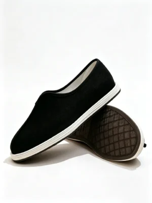 LUNO LN-M5009 men's retro cloth shoes side-and-sole view - featuring a sleek black fabric upper with clean stitching along the toe and collar, a smooth white rubber sole with subtle tread for grip, and a slip-on design that emphasizes comfort and ease of wear; the unlined interior suggests breathability, making it ideal for casual daily use or light outdoor activities in warm weather.