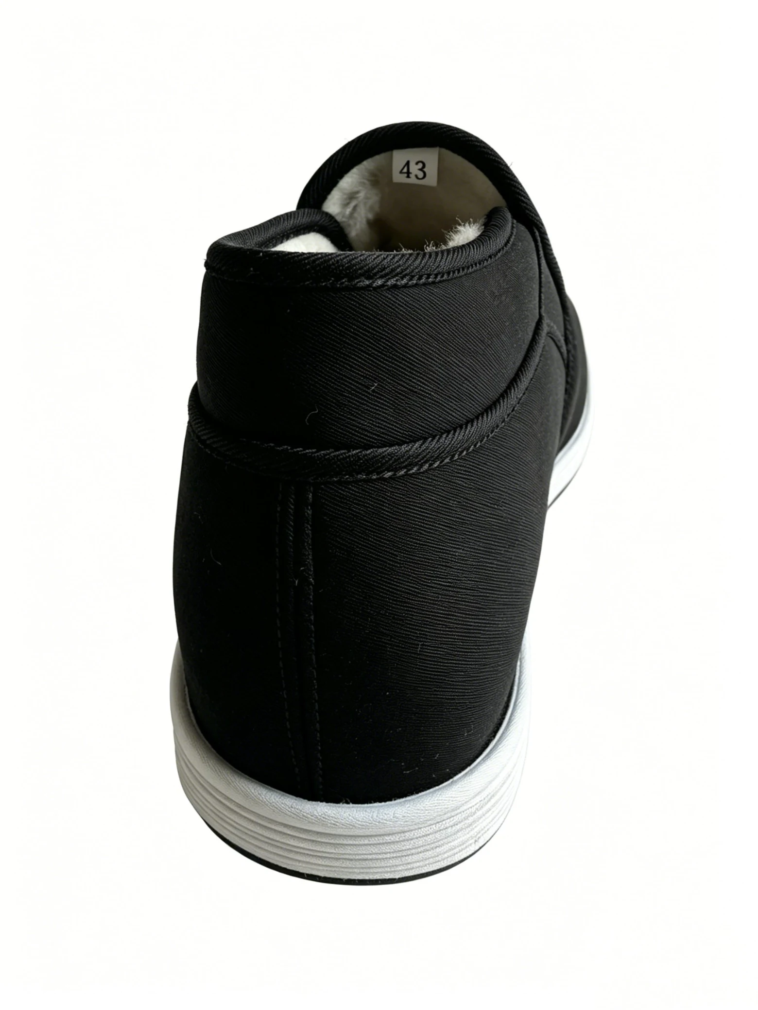 ln w**** | handmade mugwort insole cloth shoes | kardan royal fabric LUNO LN-M4014 men's high-top cotton shoes rear view - featuring a sleek black fabric upper with reinforced stitching along the heel and collar, plush white fur lining visible at the top for warmth, and a layered white rubber sole with textured tread for grip; the slip-on design ensures easy wearability, ideal for winter comfort and daily casual use.