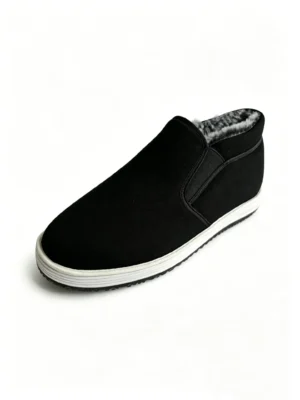 LUNO LN-M4015 men's high-top cotton shoes side view - featuring a sleek black fabric upper with elastic side panels for easy slip-on wear, plush rex rabbit fur lining visible at the collar for warmth, and a layered white rubber sole with textured tread for grip; ideal for winter comfort and daily casual use.