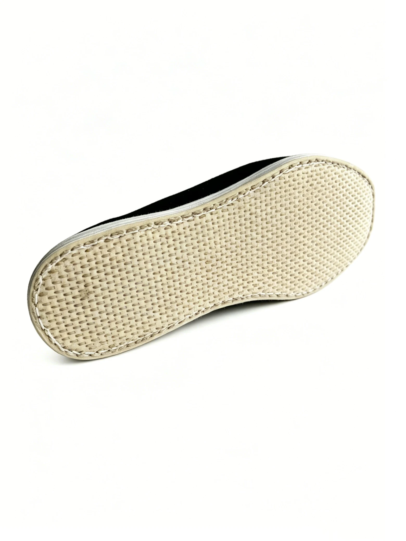 luno ln m3042 men's round toe cloth shoes formal fabric & hand stitched sole Bottom view of LUNO LN-M3042 men's round-toe cloth shoes - showcasing the traditional hand-stitched sole with dense stitching pattern for durability and comfort
