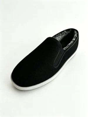 LUNO LN-M4016 traditional Chinese low-top cotton shoes side profile - showcasing a sleek black fabric upper with a plush rex rabbit fur lining visible at the collar for superior warmth; the slip-on design with elastic side gussets and clean white rubber sole offers both comfort and style, ideal for cold-weather wear.
