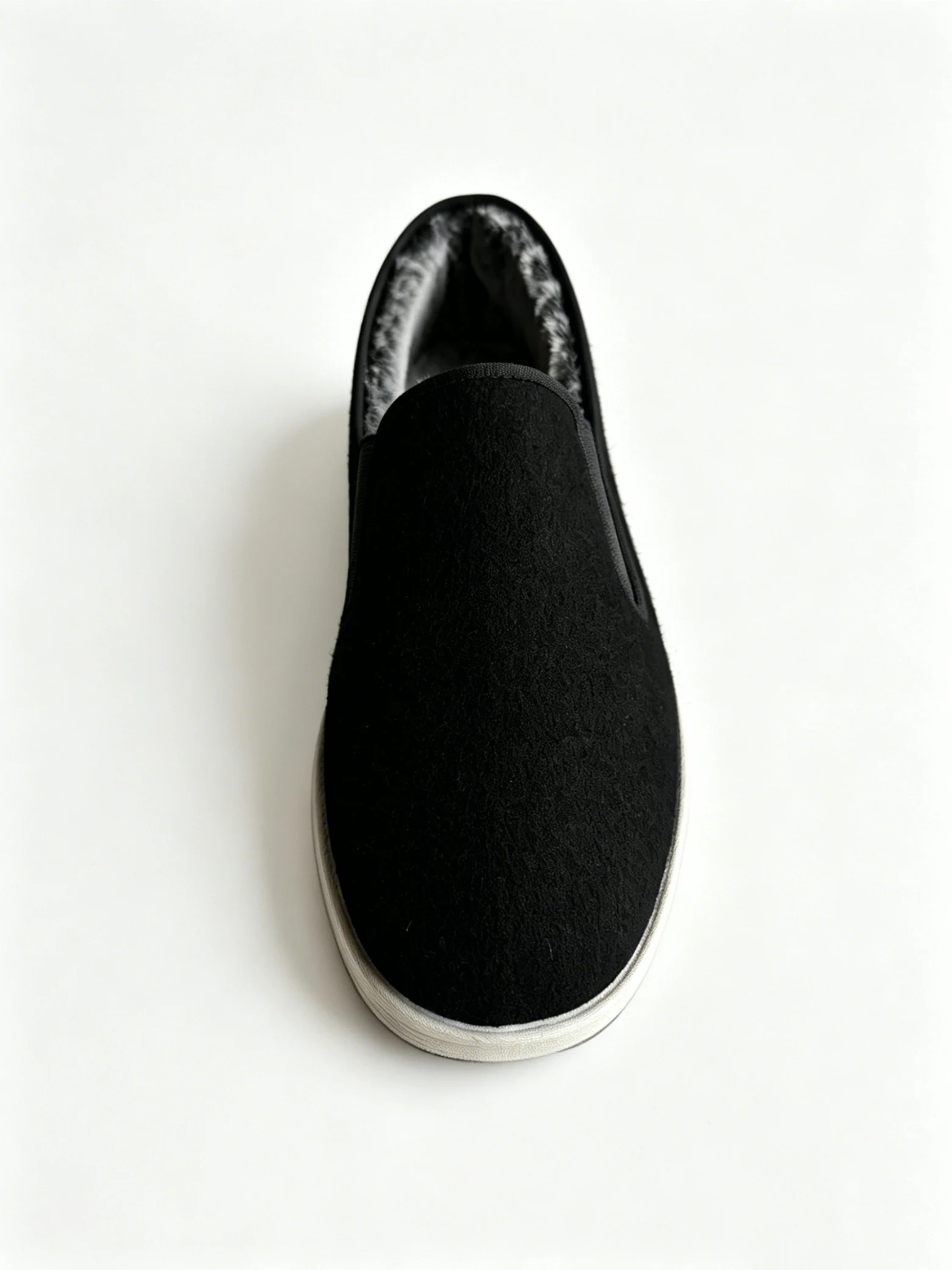 luno ln m4016 traditional chinese low top cotton shoes LUNO LN-M4016 traditional Chinese low-top cotton shoes top-down view - featuring a soft black fabric upper with a plush rex rabbit fur lining visible at the collar for superior warmth; the slip-on design and clean white rubber sole offer both comfort and style, ideal for cold-weather wear.