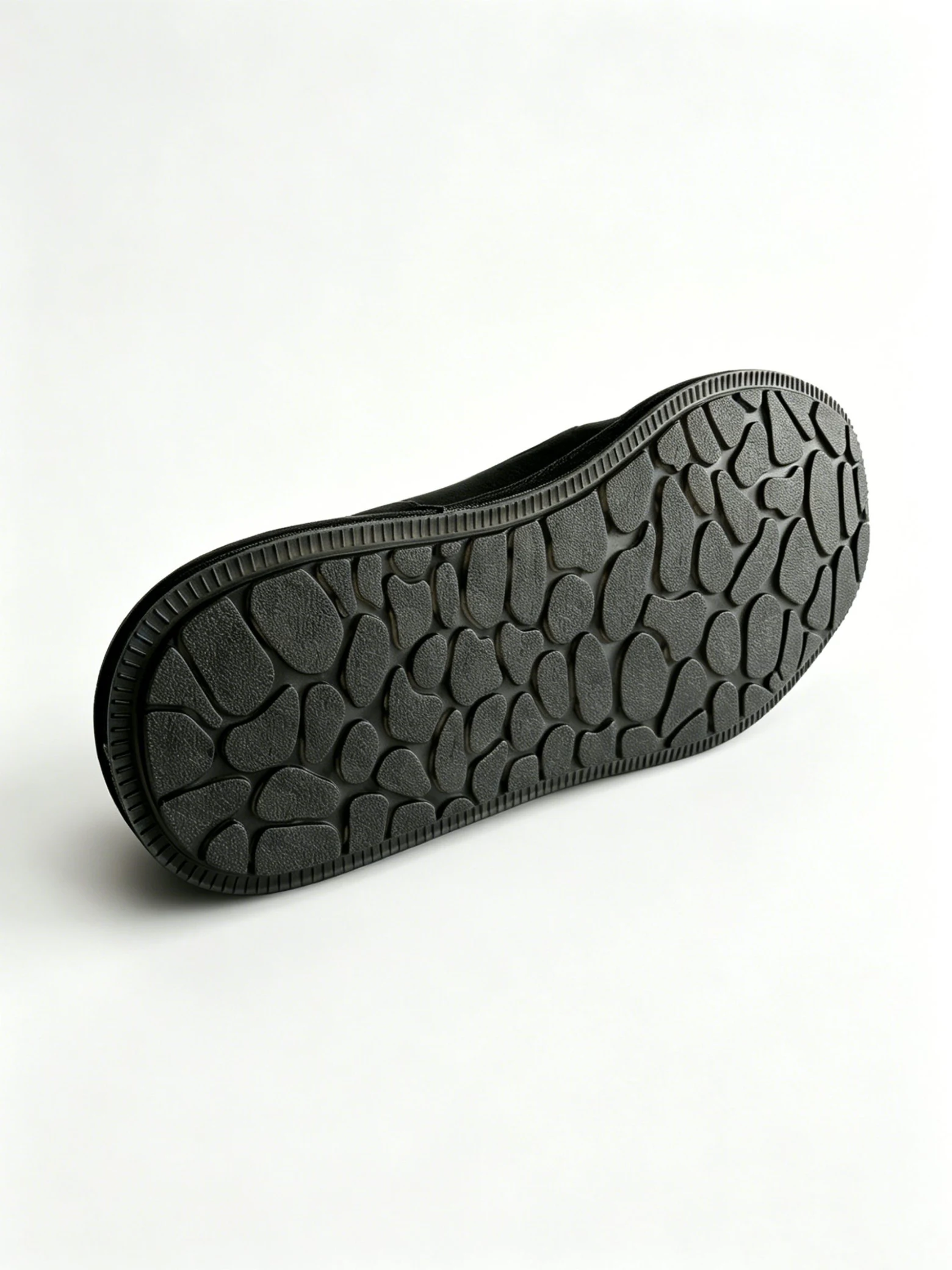 luno ln m4019 men's traditional chinese cloth shoes LUNO LN-M4019 men's traditional Chinese cloth shoes sole view - featuring a durable black rubber outsole with a unique, irregular pebble-like tread pattern designed for enhanced grip and slip resistance; the flexible construction ensures natural foot movement while providing reliable traction on various surfaces.