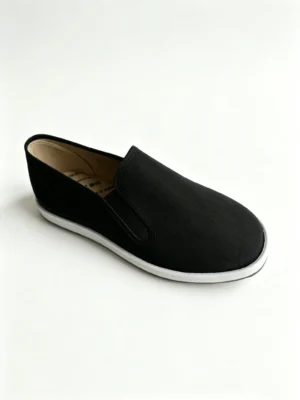 LUNO LN-M4022 men's peach twill cloth shoes side view - featuring a minimalist black slip-on silhouette with elastic side gussets for effortless wear, paired with a clean white layered rubber sole; the interior includes an antibacterial insole for odor control and all-day comfort, designed for casual urban wear and daily mobility.