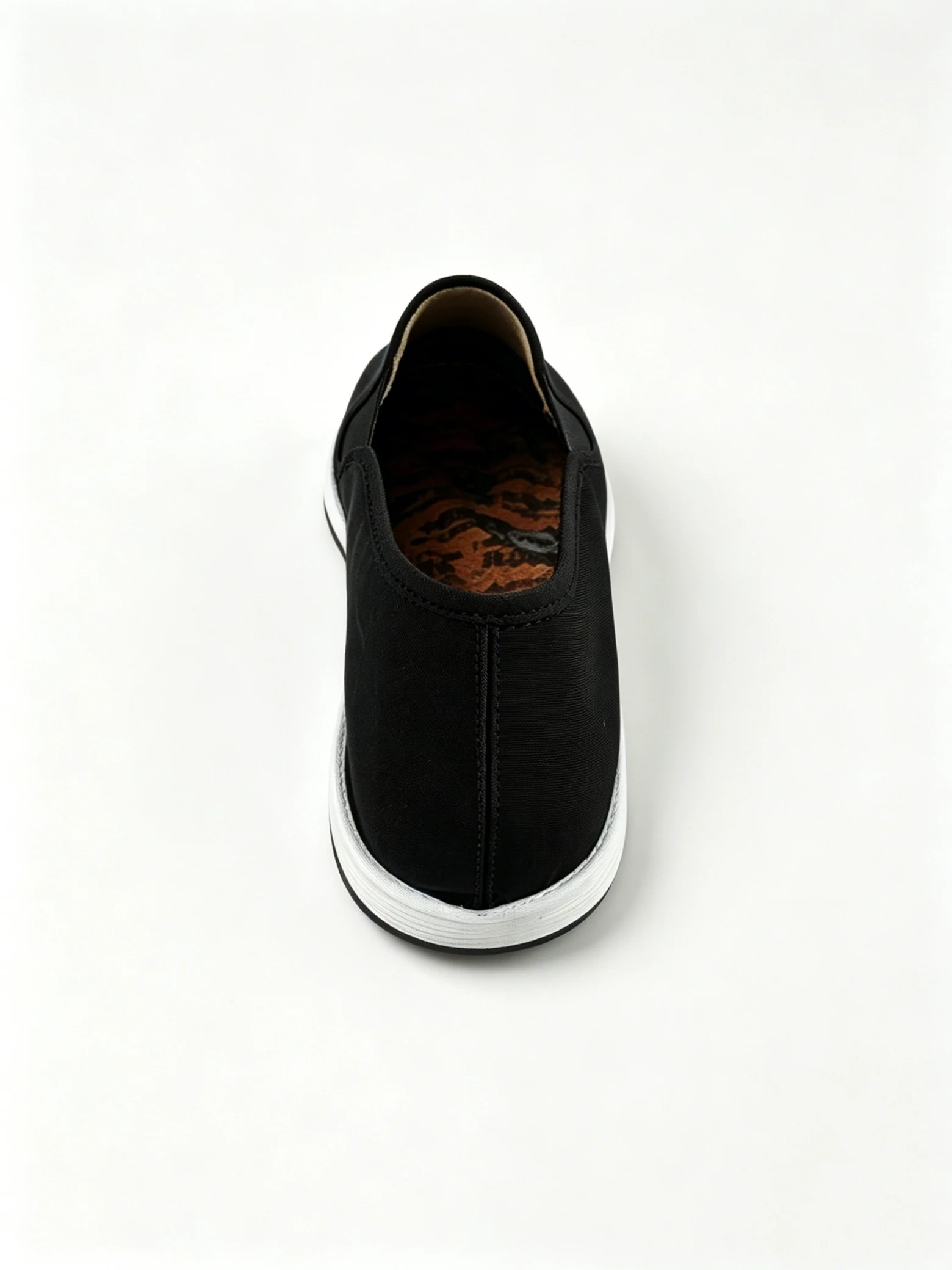 luno ln m4026 traditional chinese cloth shoes massage insole LUNO LN-M4026 traditional Chinese cloth shoes rear view - featuring a sleek black canvas upper with elastic side panels for easy slip-on wear, and a white layered rubber sole; the interior reveals a distinctive massage insole printed with Traditional Chinese Medicine (TCM) characters and herbal patterns, designed to provide acupressure stimulation and promote foot health.