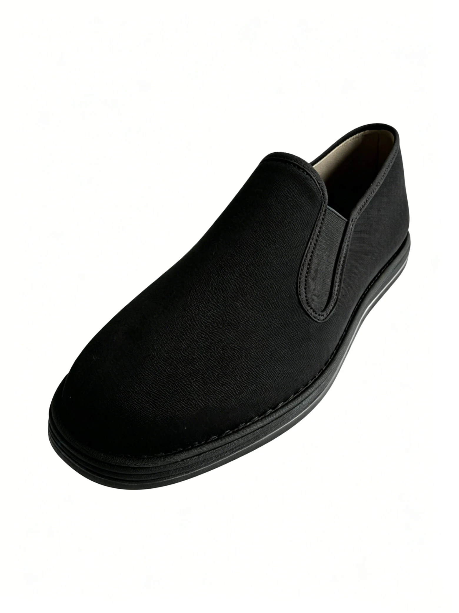 luno ln m4029 traditional chinese cloth shoes embroidered insole LUNO LN-M4029 traditional Chinese cloth shoes angled side view - showcasing a sleek black canvas upper with elastic side panels for easy slip-on wear, and a layered rubber sole designed for comfort and durability.