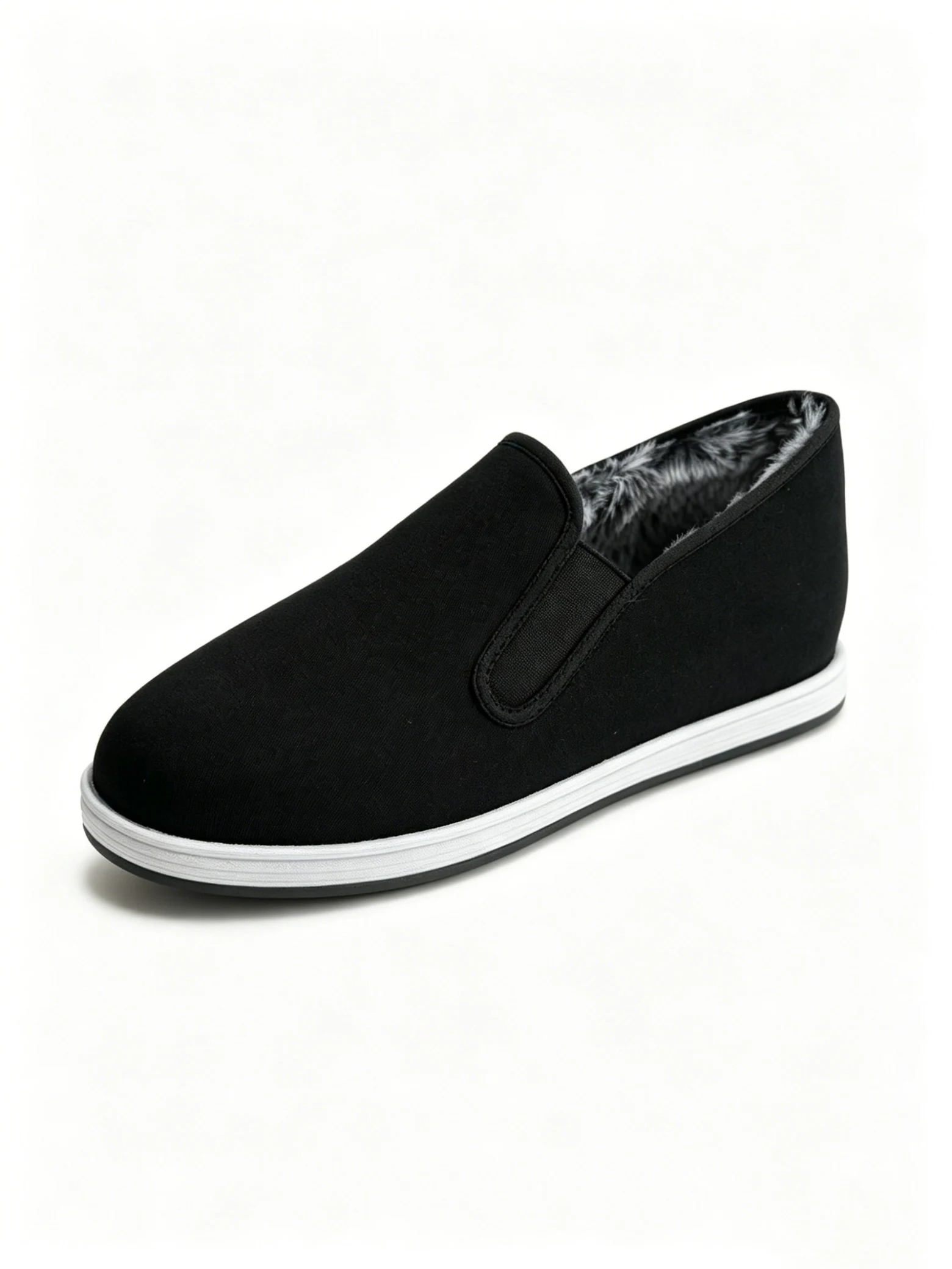 luno ln m4035 men's mid top cotton shoes rex rabbit fur lining Front view of LUNO LN-M4035 men's mid-top cotton shoes - featuring black canvas upper, white layered sole edge, and plush rex rabbit fur lining for warmth and comfort.