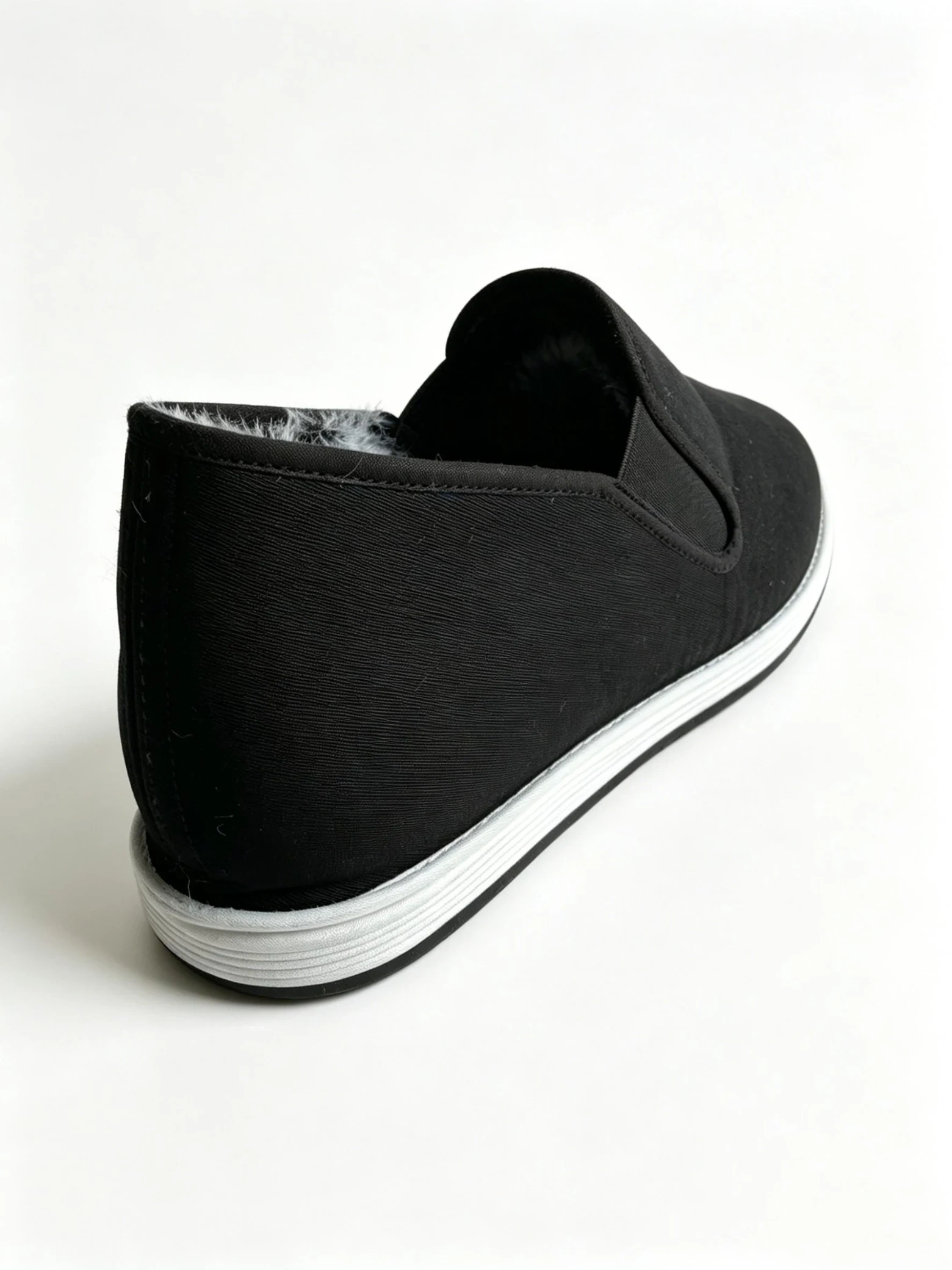 luno ln m4035 men's mid top cotton shoes rex rabbit fur lining Rear view of LUNO LN-M4035 men's mid-top cotton shoes - featuring black canvas upper, white layered sole edge, and soft rex rabbit fur lining for warmth and comfort.
