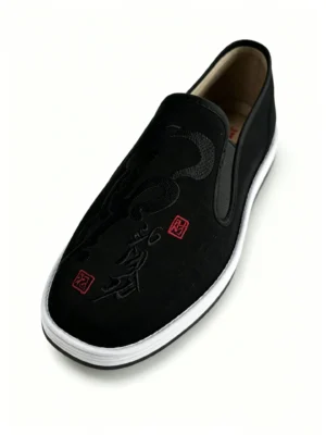 Front view of LUNO LN-M4038 traditional Chinese cloth shoes - black canvas upper with white layered sole edge and Ula grass linen insole for breathability and comfort