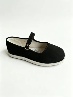 Angled side view of LUNO LN-W4045 women's strap shoes - black canvas with gold buckle and mugwort insole for wellness and comfort