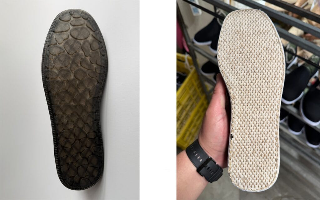 `The Magic of Thousand-Layer Cotton Soles Handmade thousand-layer cotton sole with rubber outsole for durability and grip.Traditional hand-stitched cotton sole showing layered fabric construction.